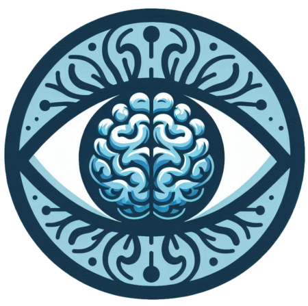 The image features a stylized graphic of an eye encircled by intricate, symmetrical patterns resembling a mandala. Within the eye’s pupil, there is an illustration of a brain, suggesting a theme of vision intertwined with intellect or thought. The color palette consists of various shades of blue and teal, adding to the graphic’s cool and composed aesthetic. This image could be relevant for topics related to perception, psychology, mindfulness, or the interplay between sight and cognition.